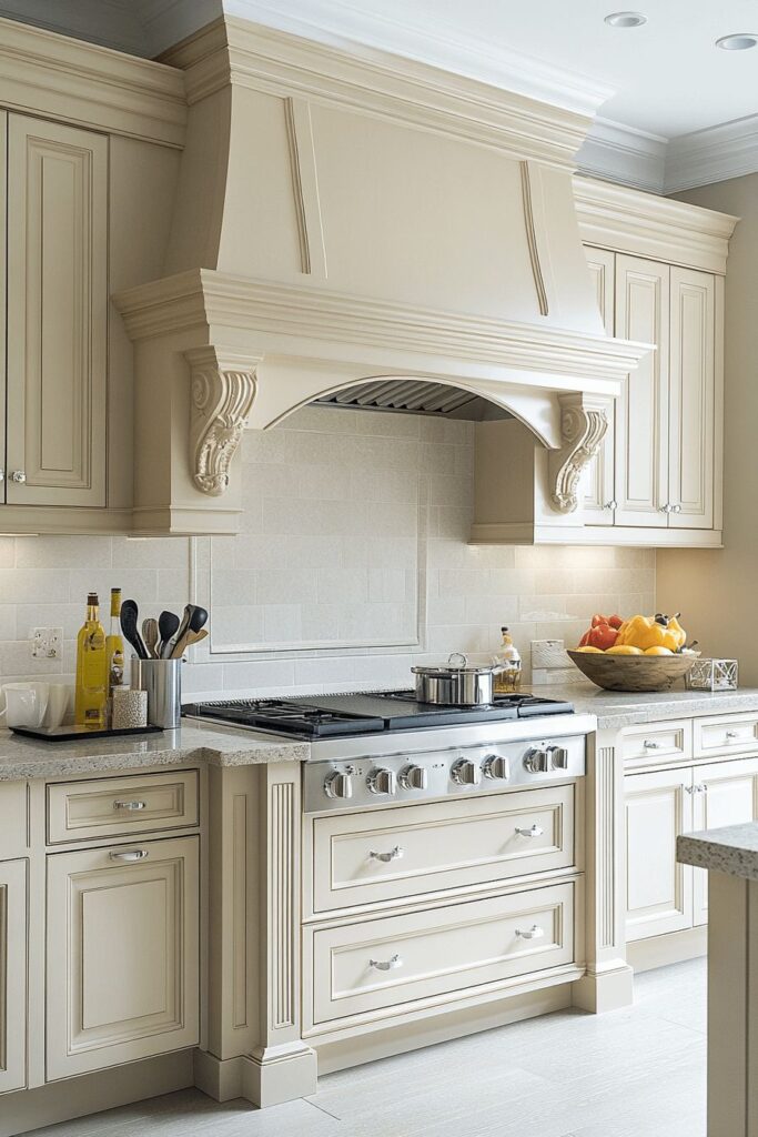 Small kitchen with crown molding and custom-style shaker cabinets.