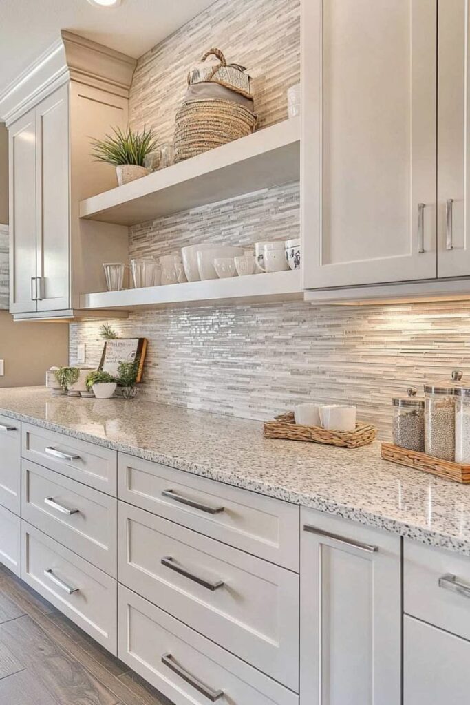 Luxury kitchen featuring brushed brass cabinet handles and elegant shaker-style cabinetry.