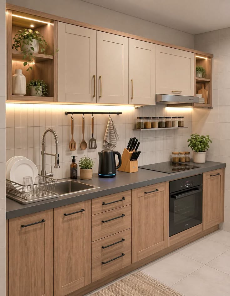 Designer kitchen countertop styled with ceramic canisters, wooden cutting boards, and fresh fr