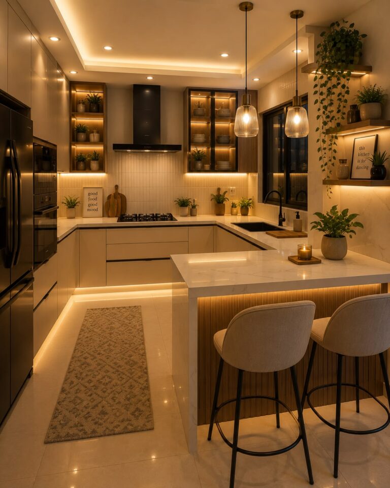 Luxury small kitchen with custom-style cabinets, quartz countertops, brass hardware, and warm layered lighting.