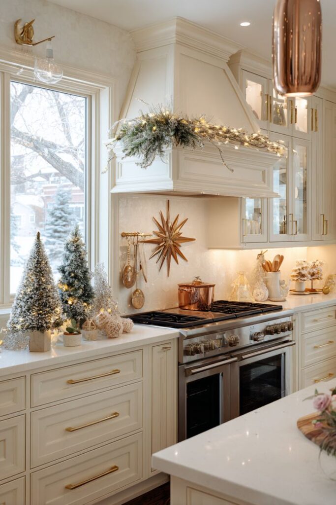 Luxury kitchen styled with seasonal flowers and elegant decorative accessories.