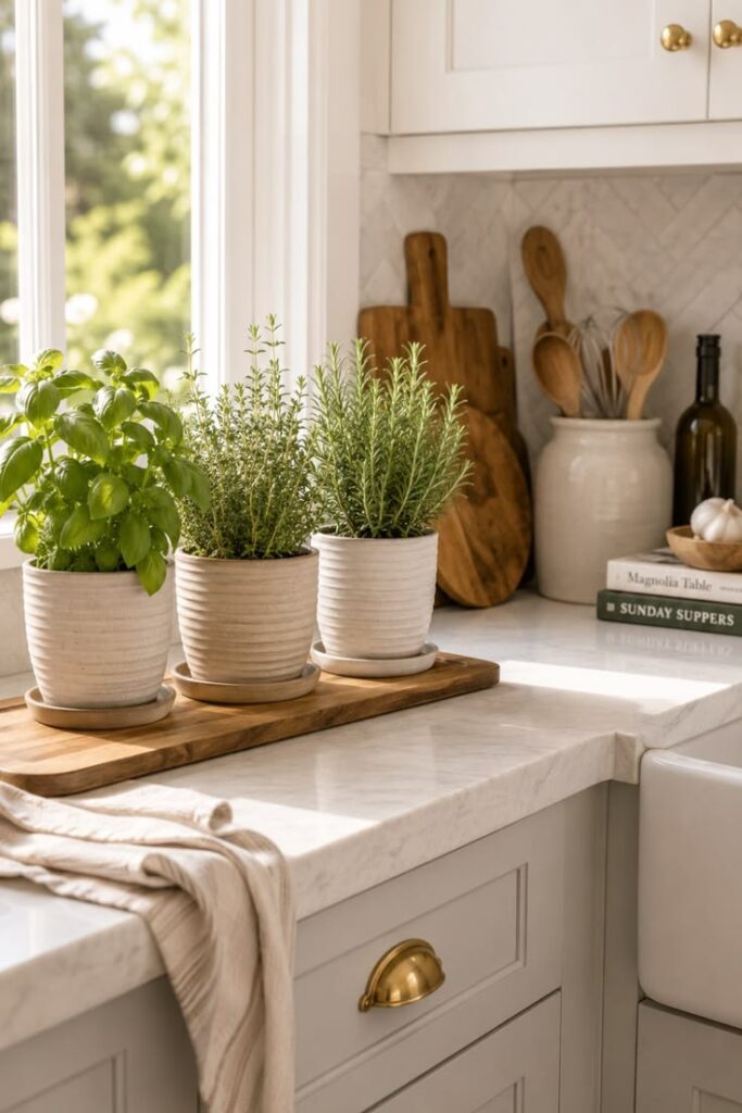 kitchen styled with fresh herbs, eucalyptus branches, and indoor plants.