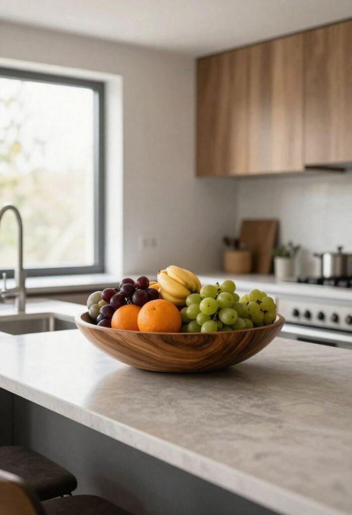 Designer kitchen countertop featuring a ceramic bowl filled with fresh lemons and pears.