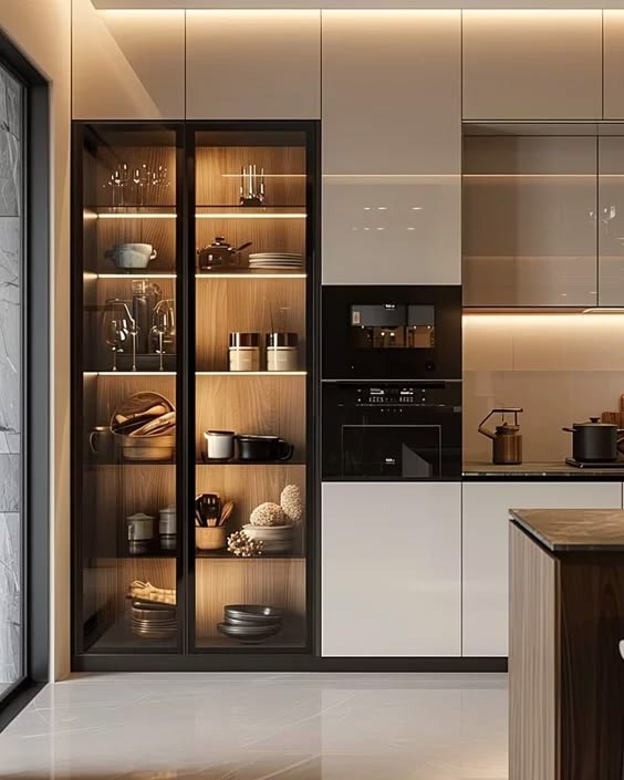 Small kitchen featuring glass-front cabinets displaying elegant dishes and glassware.