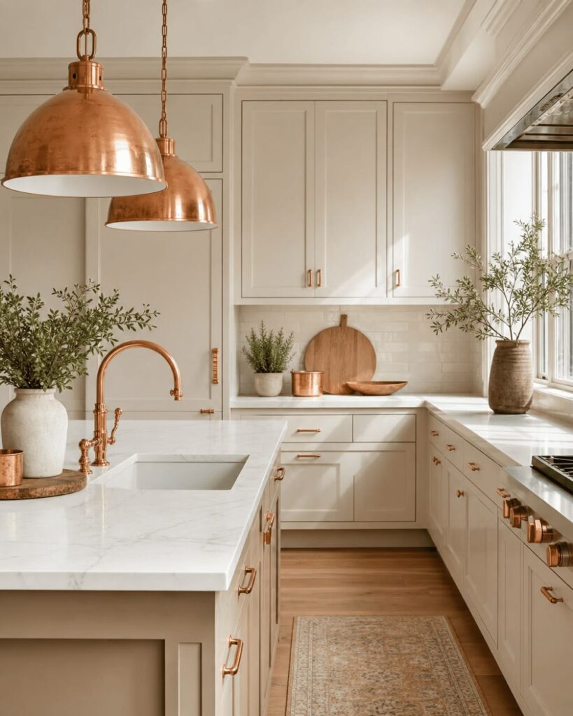 Modern kitchen featuring coordinated brass cabinet pulls, faucet, and pendant lights.