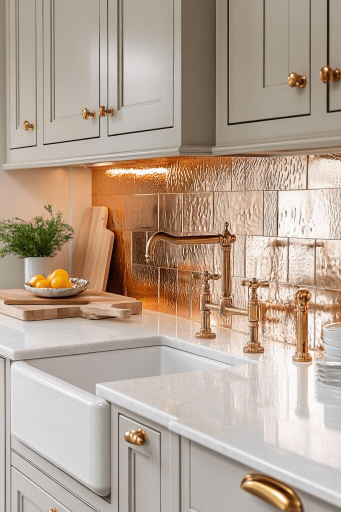 Modern kitchen combining brushed brass metal  hardware 