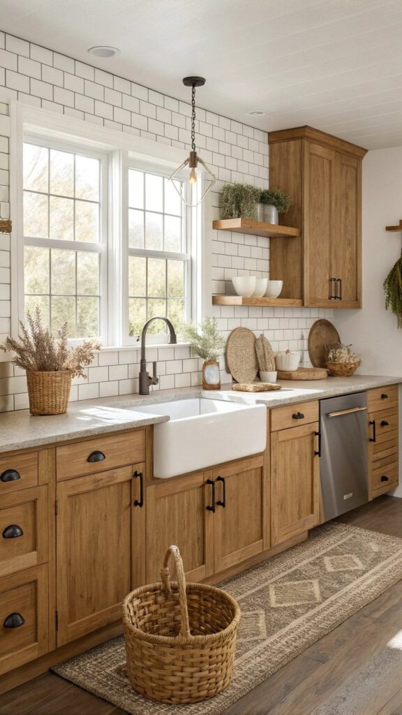 Luxury kitchen with oak shelves, wooden cutting boards, and natural wood accents.