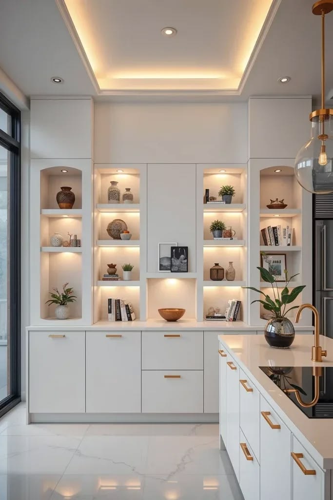 Small luxury kitchen featuring floating shelves and custom white cabinets.