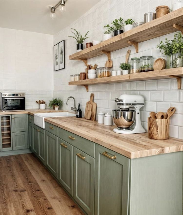 Small kitchen with neatly styled floating shelves displaying matching dishes .