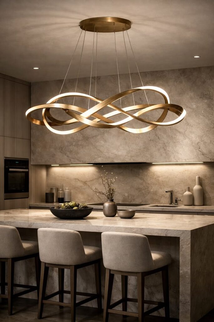 Luxury small kitchen with oversized glass pendant lights above the island.