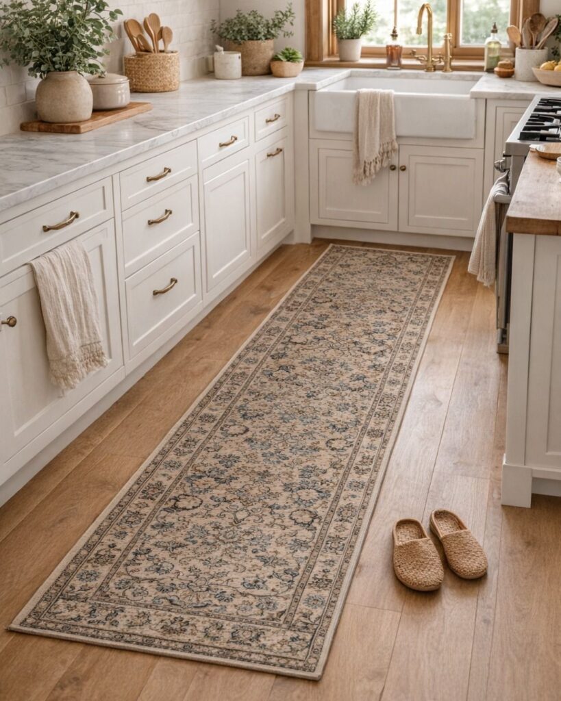 Luxury kitchen featuring a neutral runner rug on hardwood flooring.