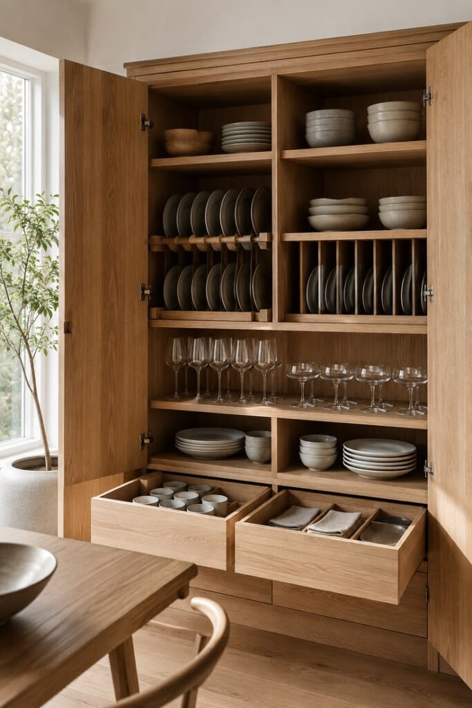 Small kitchen with organized pull-out drawers and concealed storage solutions.