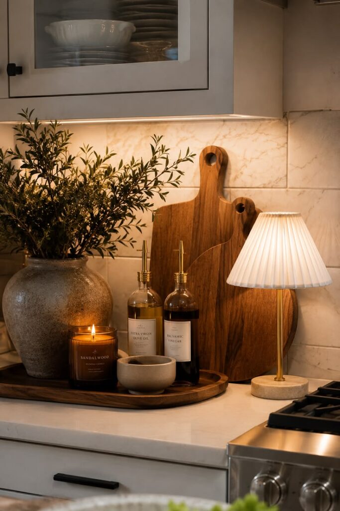 Luxury kitchen countertop decorated with olive oil, ceramic bowls, fresh herbs, and a candle.