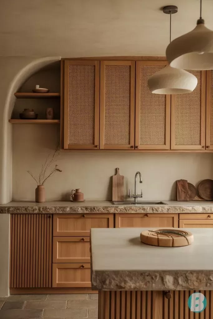 Luxury kitchen combining wood, stone, ceramic, linen, and metal finishes.