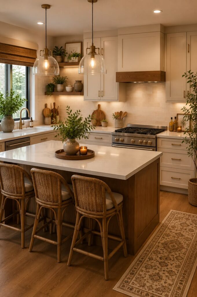 Small luxury kitchen showcasing custom-style cabinetry, layered lighting, premium finishes, and timeless designer décor. 