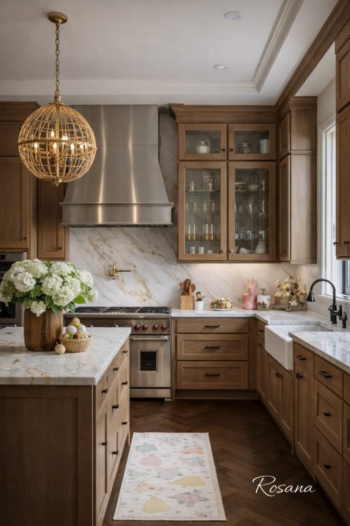 Luxury small kitchen featuring quartz countertops, solid wood cabinetry, and brushed brass hardware.