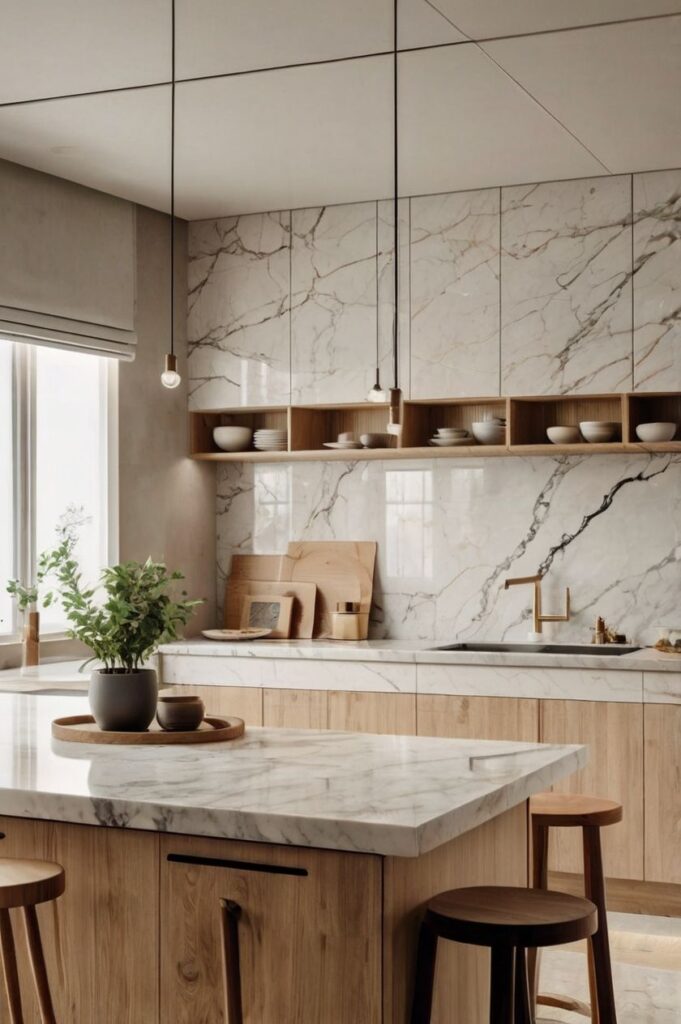 Luxury kitchen featuring marble serving boards, stone accessories, and quartz countertops.