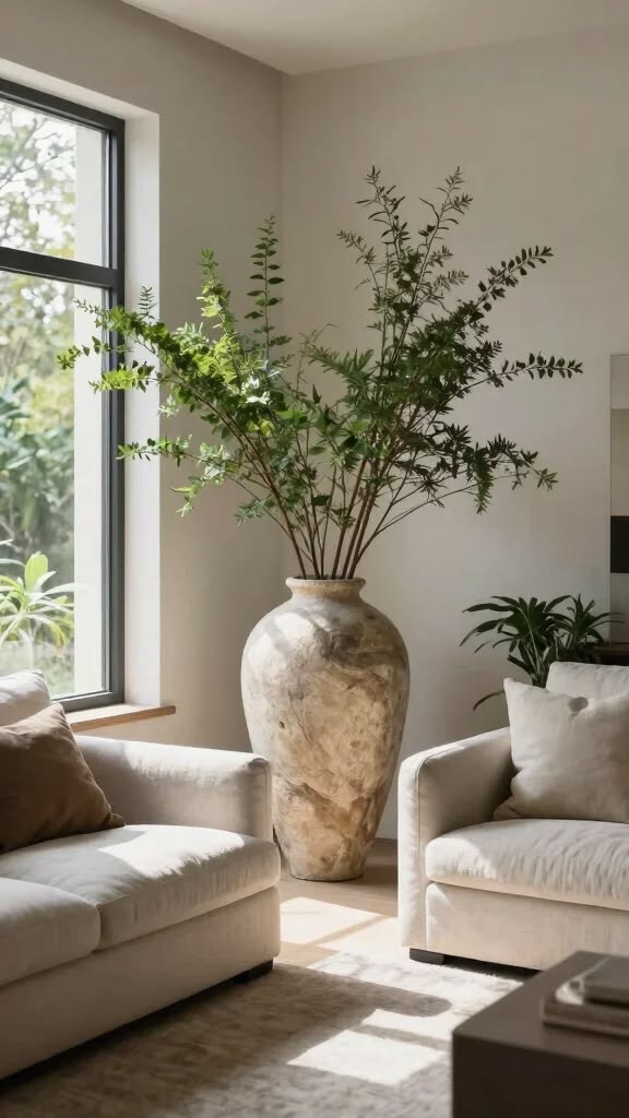 luxury small living room with oversize vase for flowers