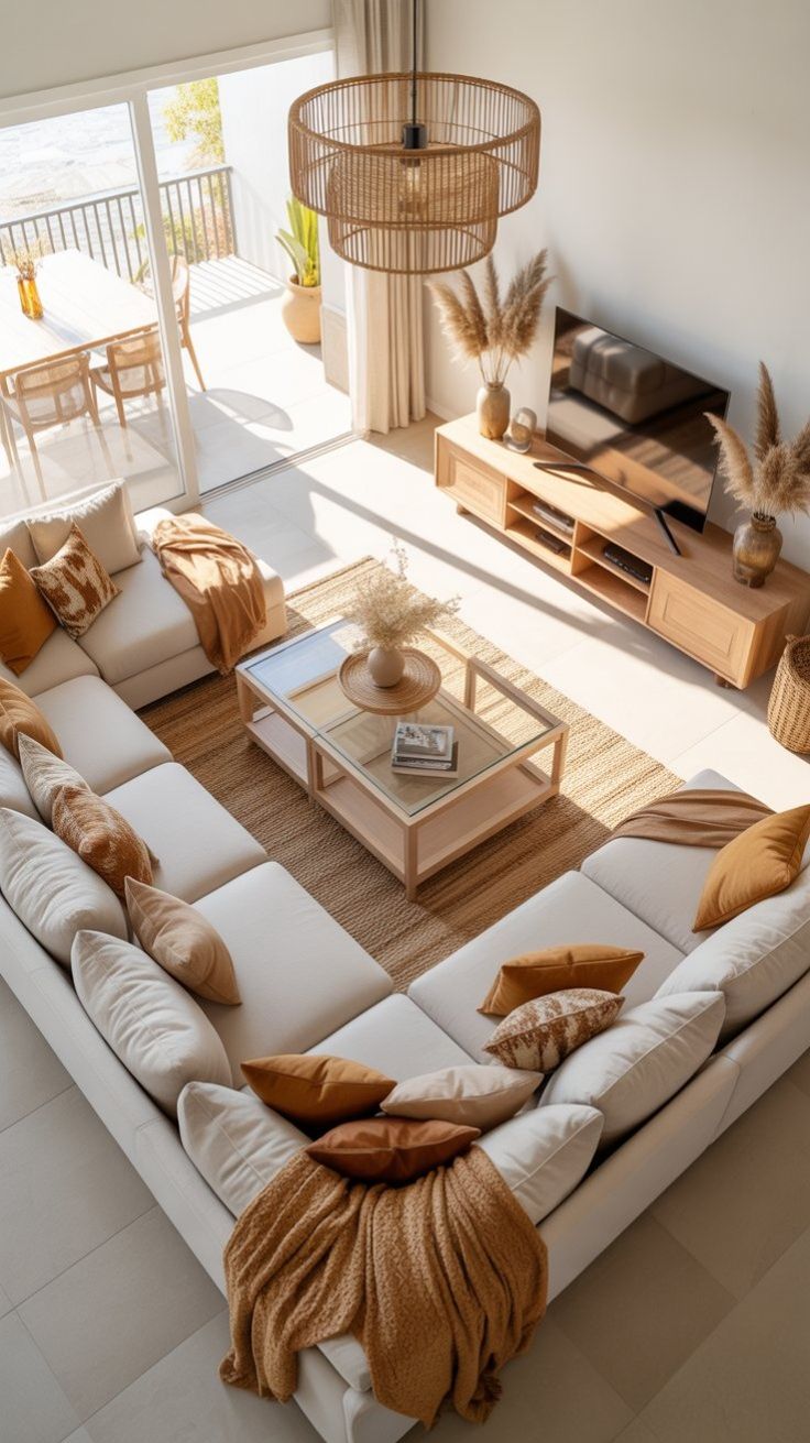 Minimalist luxury living room in a small space featuring warm neutral colors, clean-lined furniture, layered textures, and elegant modern décor.