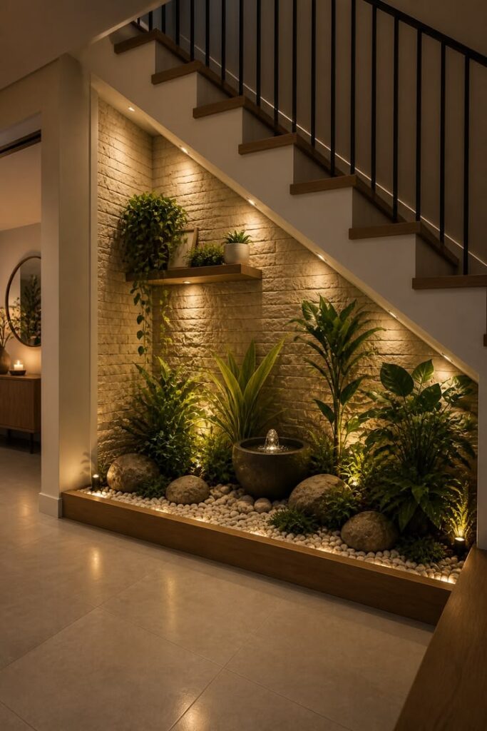 living room featuring under staircase decor as focal point