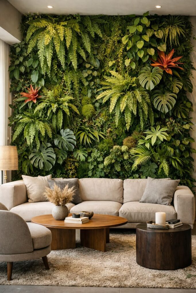 living room enhanced with natural greenery and organic materials.