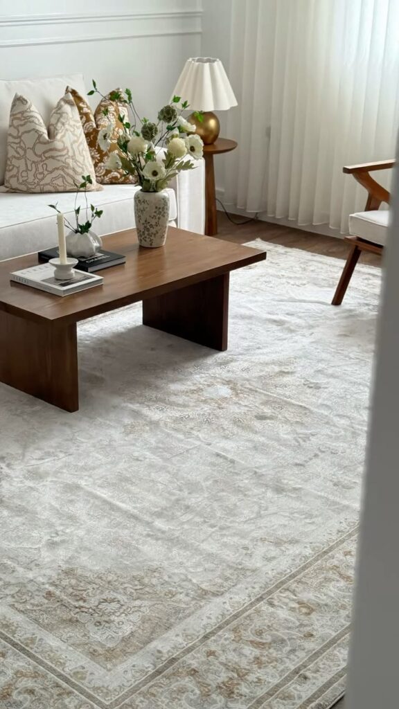 Minimalist luxury living room anchored by a large textured neutral area rug.