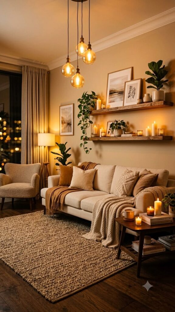 Minimalist living room illuminated with layered lighting from table lamps, floor lamps, and warm ambient lighting.