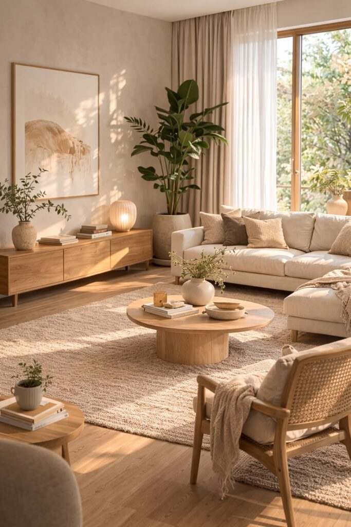 living room filled with natural light coming through large window