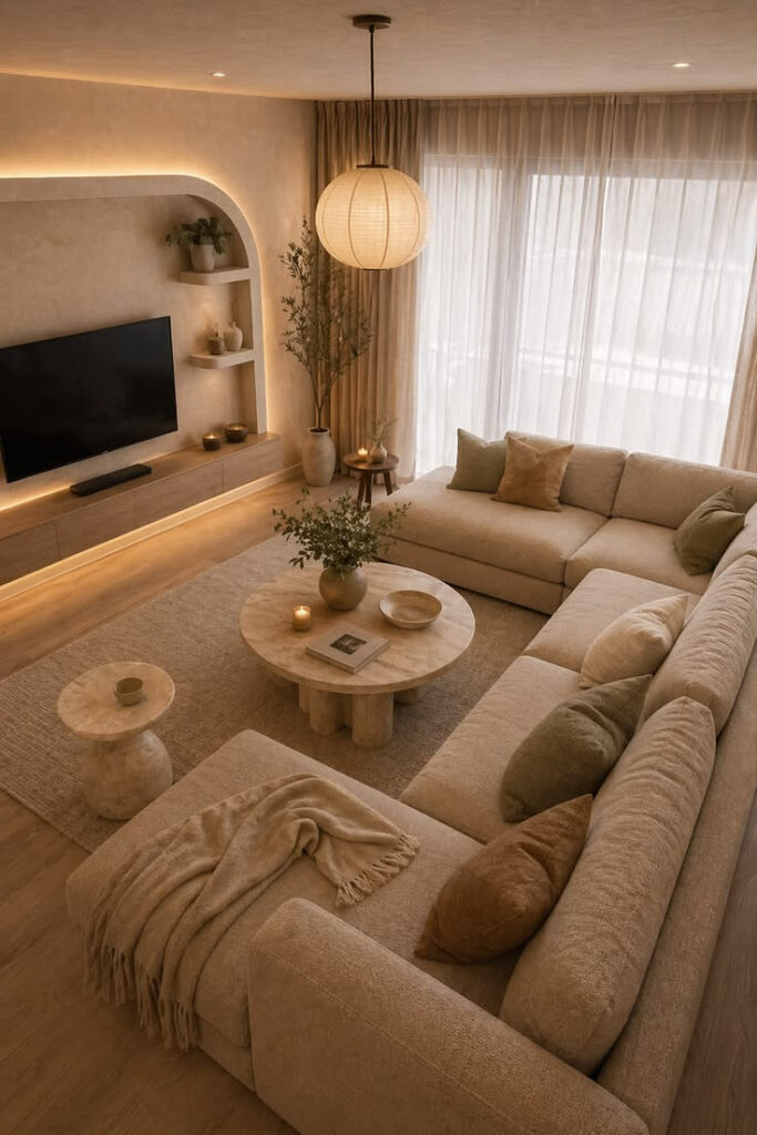 living room decorated wit warm neutral colors