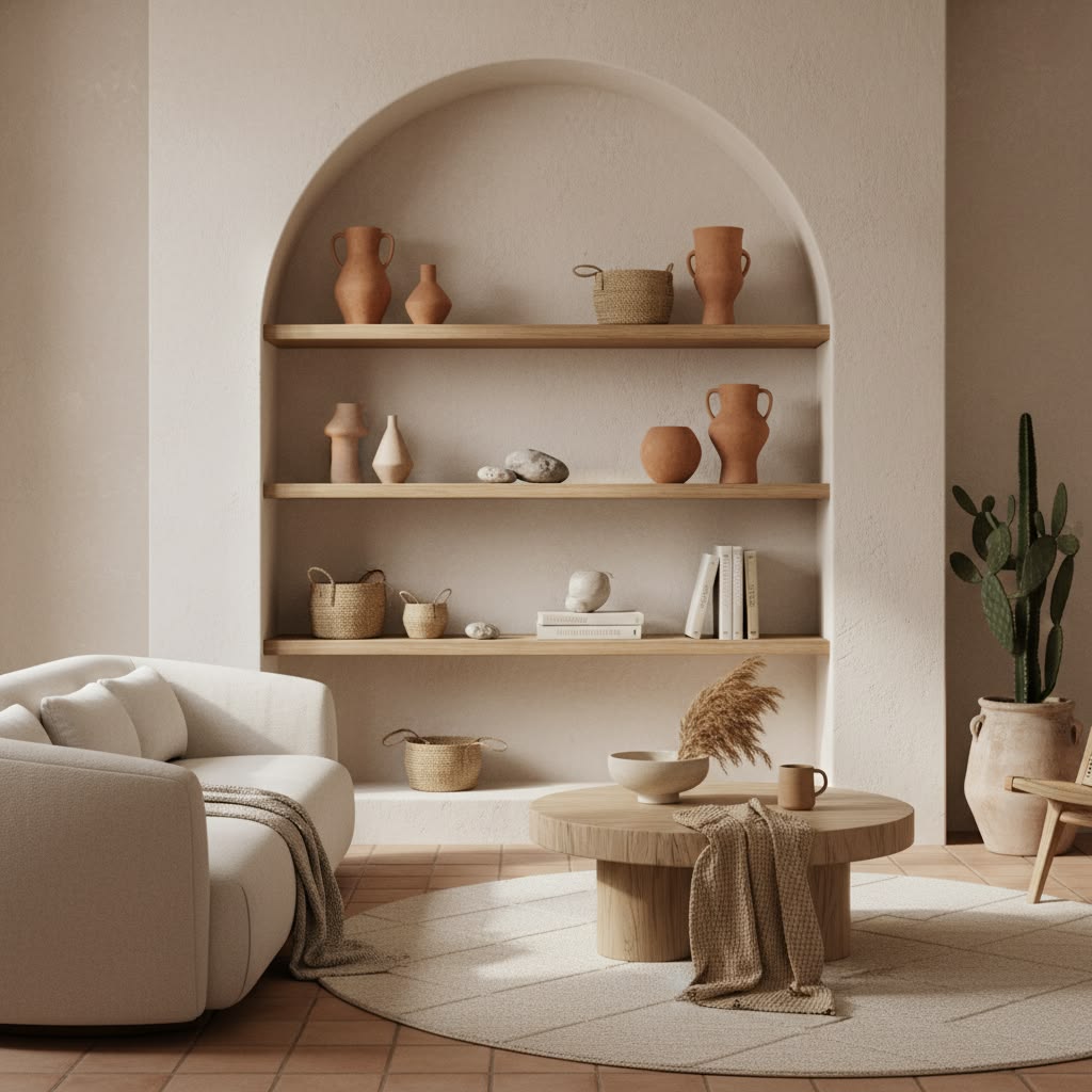  open shelves styled with books, ceramics, in a luxury living room.