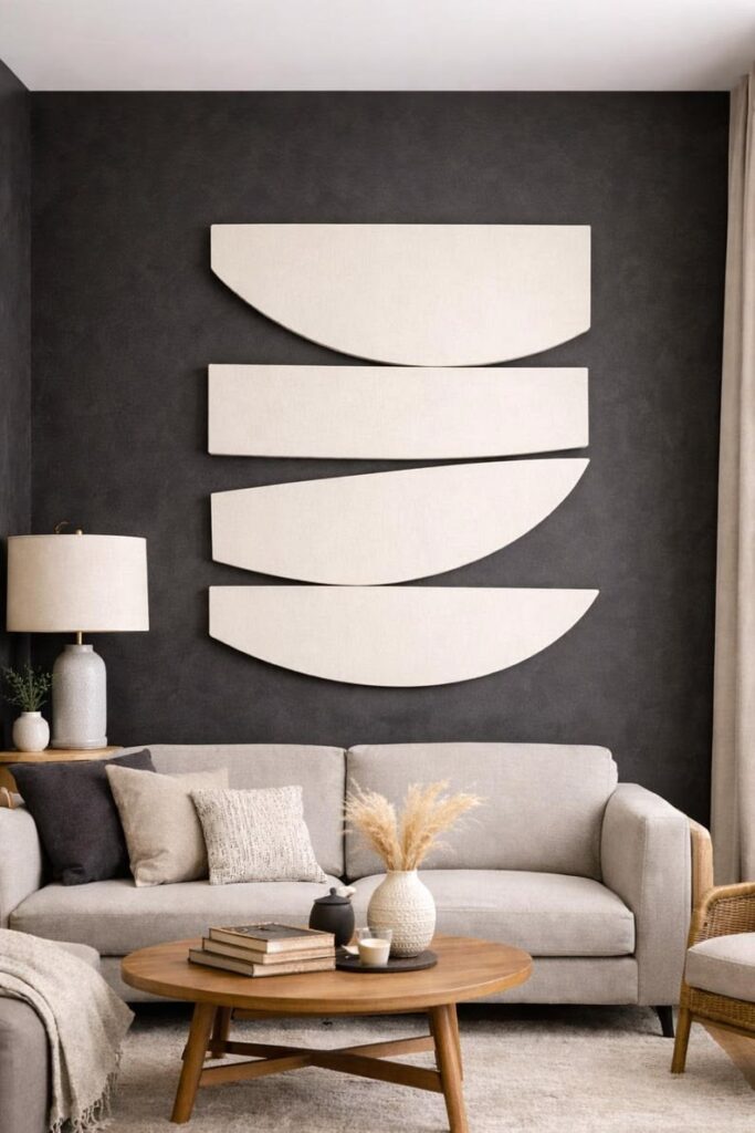 Oversized abstract wall art creating a sophisticated focal point in a minimalist luxury living room.