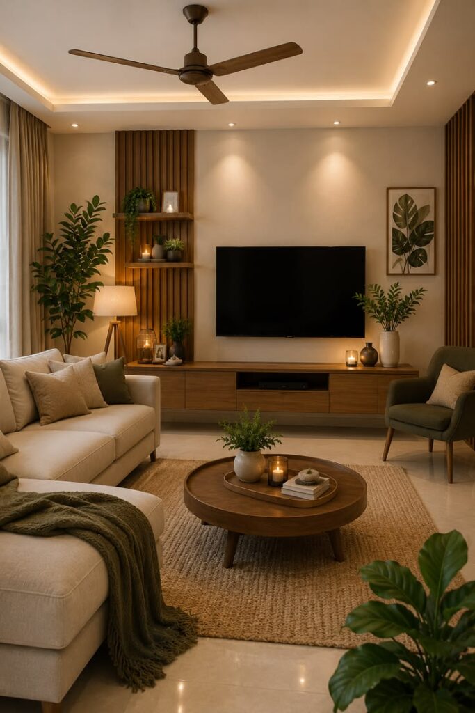  repeating natural wood, linen, stone, and ceramic materials for a cohesive look.