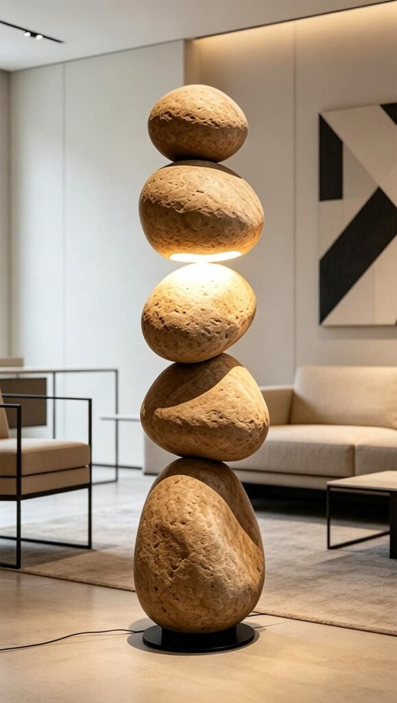 Sculptural floor lamp serving as a statement piece .