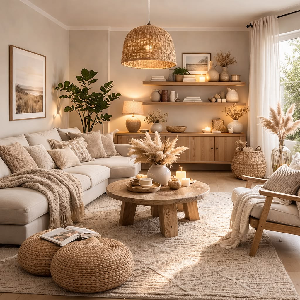 minimalist living room layered with bouncle,linen, wool and natural wood textures
