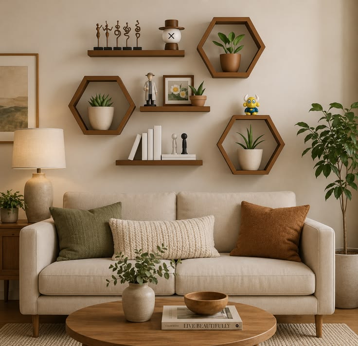 Minimalist living room featuring clean walls with subtle architectural details.