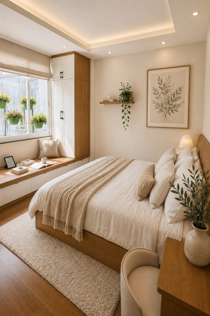 Minimalist bedroom featuring one oversized abstract artwork above the bed.