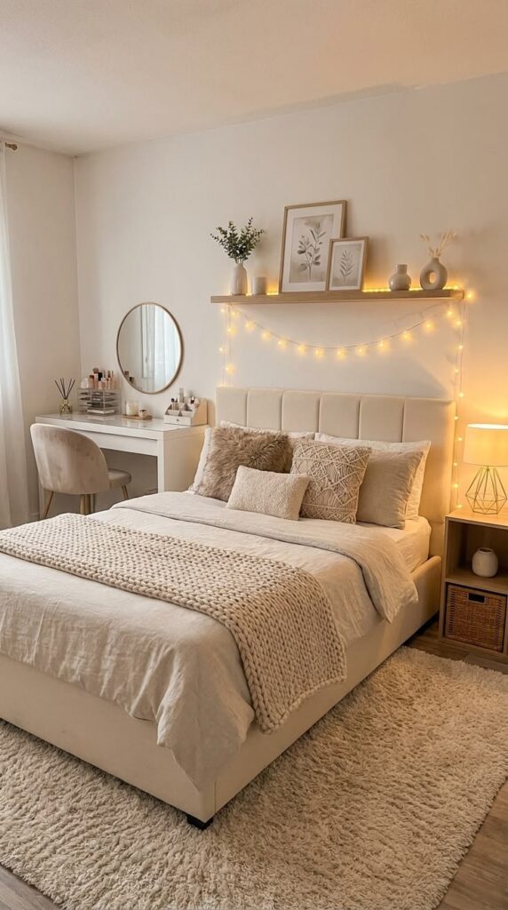 bedroom centered around an elegant upholstered bed with layered neutral bedding.