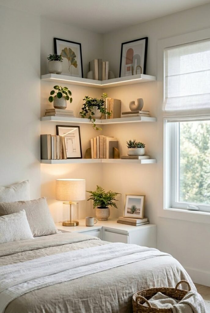 Minimalist bedside table styled with stacked design books, a ceramic vase, and a candle.