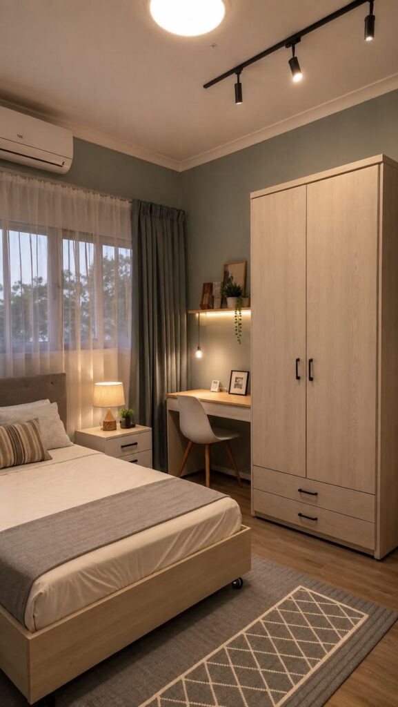 bedroom with uncluttered dressers, floating shelves, and clean decorative styling.