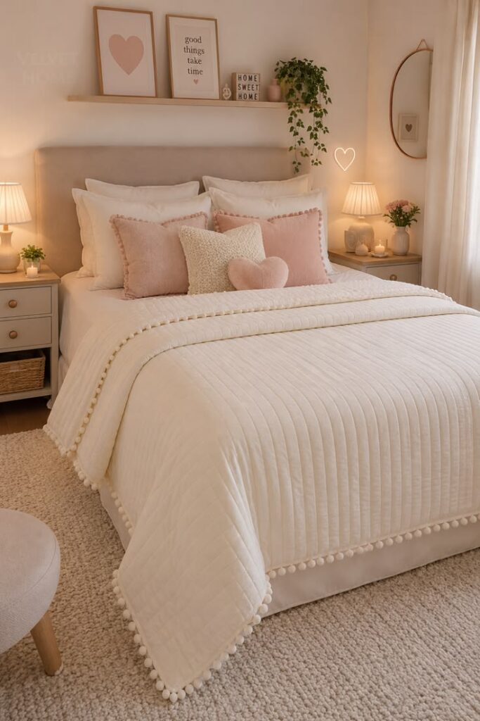 Small bedroom decorated with soft neutral colors, natural wood, and layered textures.