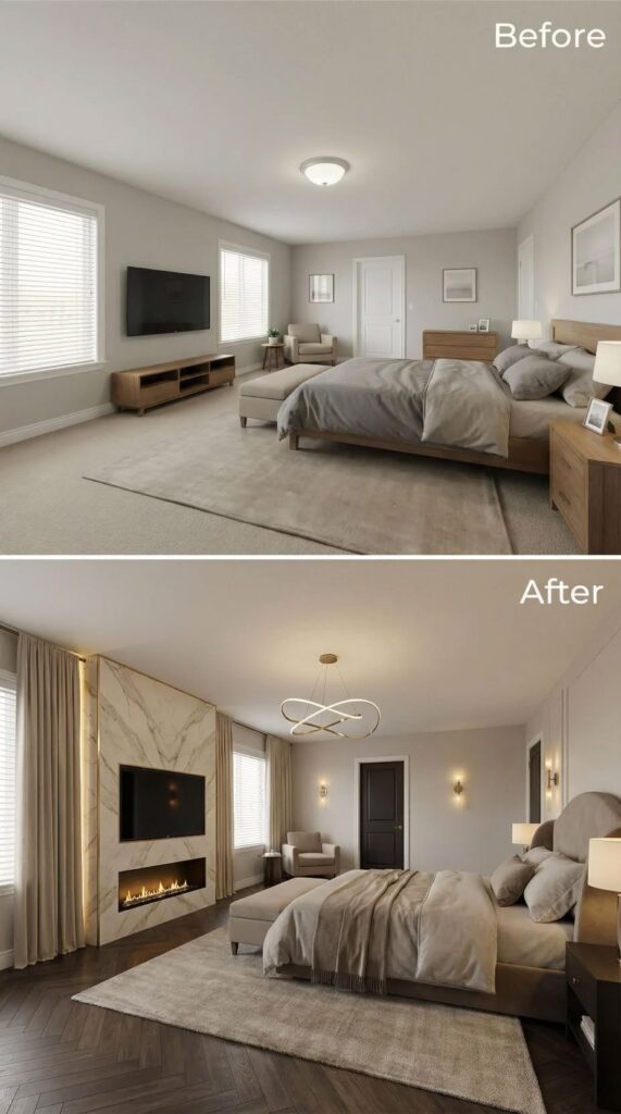 bedroom with clutter-free surfaces, simple décor, and a calm luxury aesthetic.