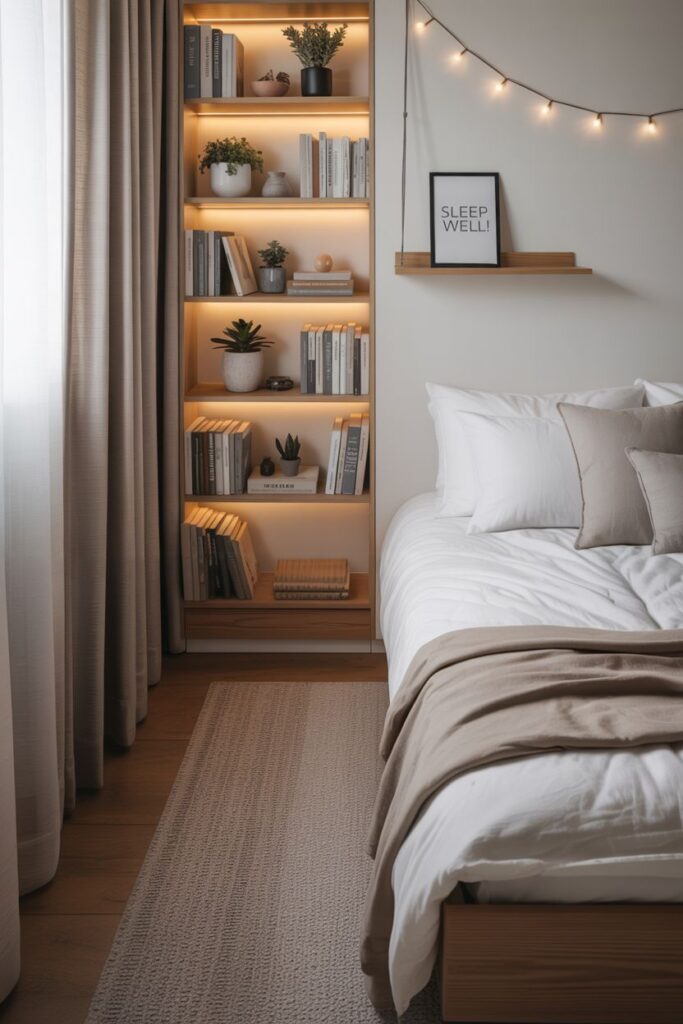 bedroom with open space, neutral décor, and thoughtfully arranged furniture.