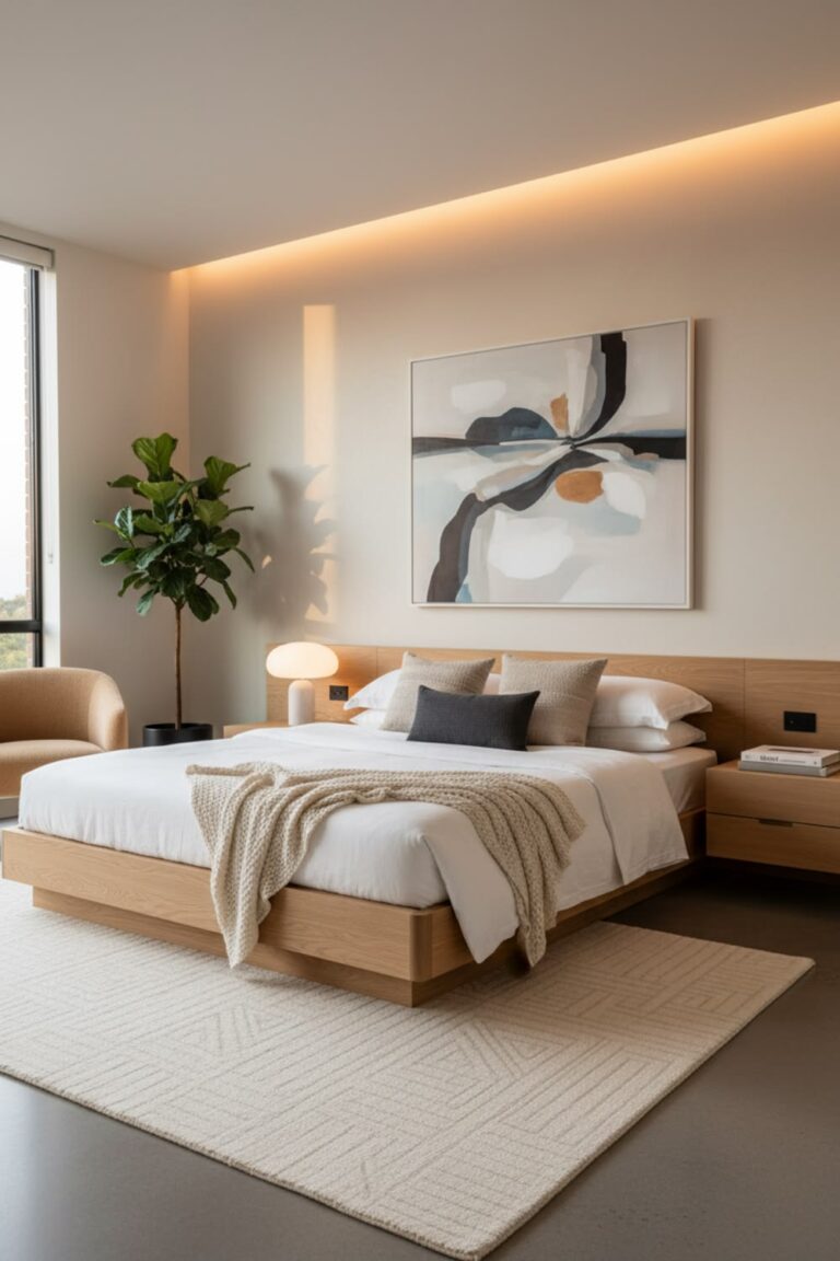 Minimalist luxury bedroom with neutral colors, clean lines, natural textures, and elegant modern furniture