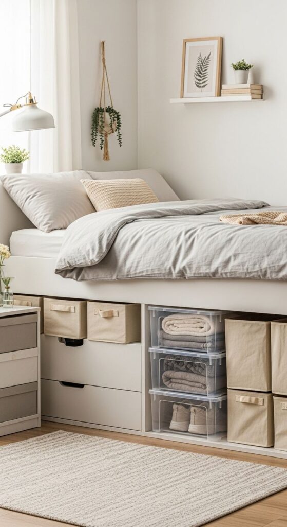 Minimalist bedroom with hidden storage, integrated drawers, and clutter-free styling.