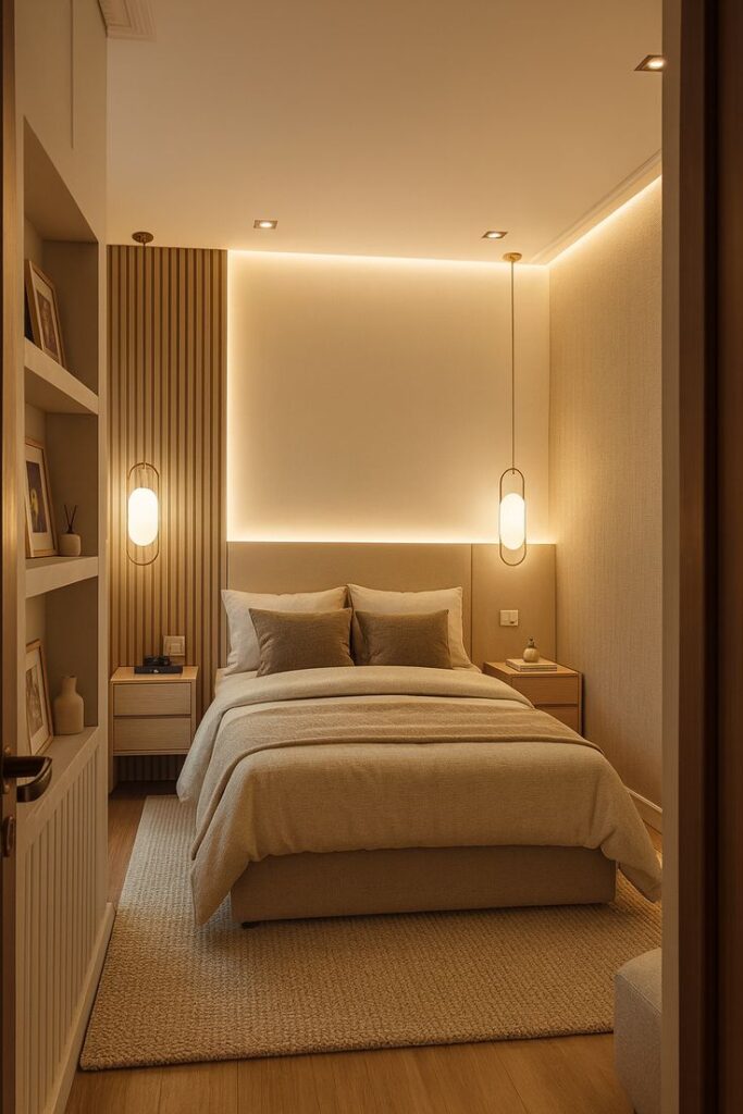 Minimalist luxury bedroom with neutral colors, clean lines, natural textures, and elegant modern furniture