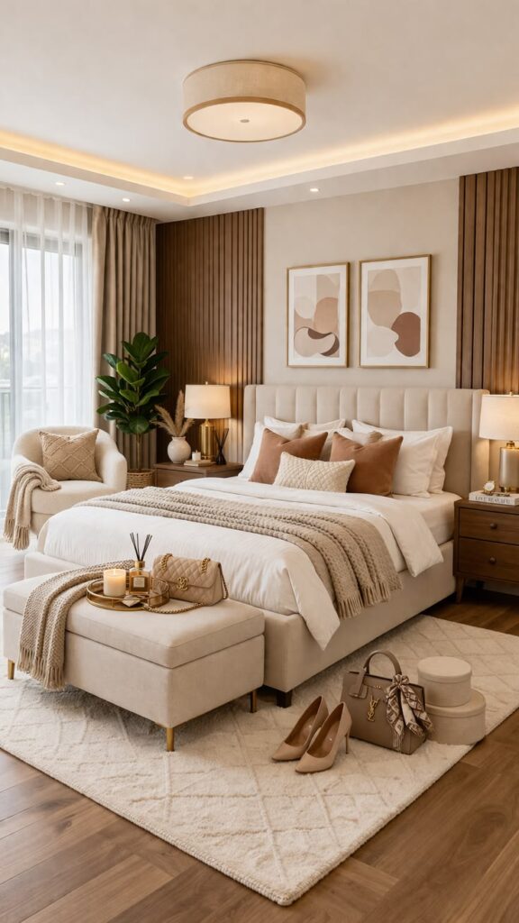 Minimalist bedroom featuring linen bedding, boucle accents, woven décor, and warm wood finishes.