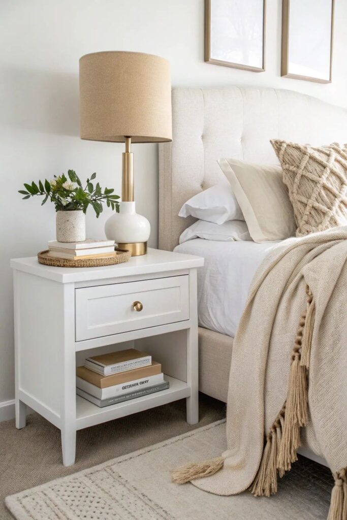 bedside table styled with a lamp, ceramic vase, book, and candle.