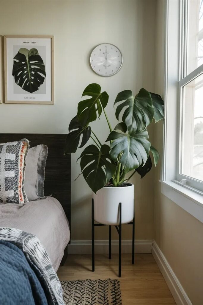 bedroom featuring a large indoor plant beside a bright window.