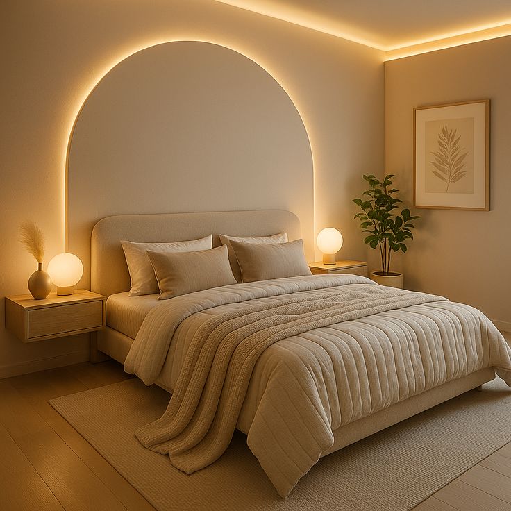 Peaceful minimalist bedroom with soft neutral colors, warm lighting, and comfortable luxury furnishings.