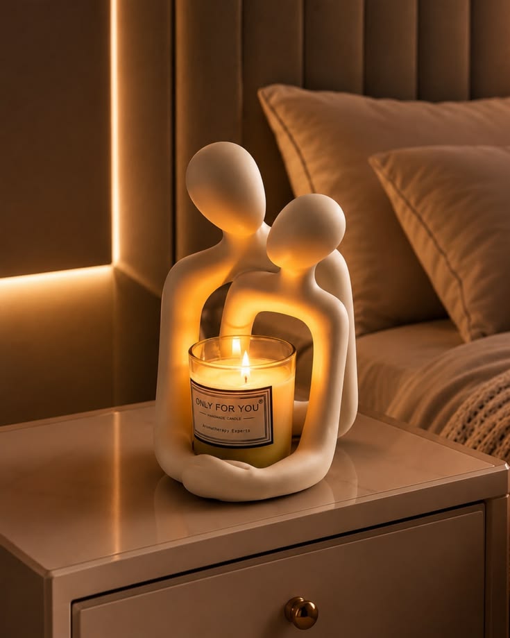 bedroom styled with sculpture